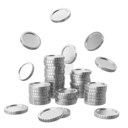 Moneda de plata. Monedas apiladas. Ilustración 3D.