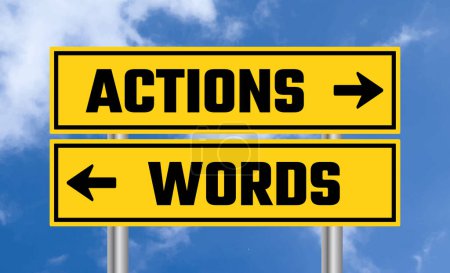 Actions or words road sign on cloudy sky background