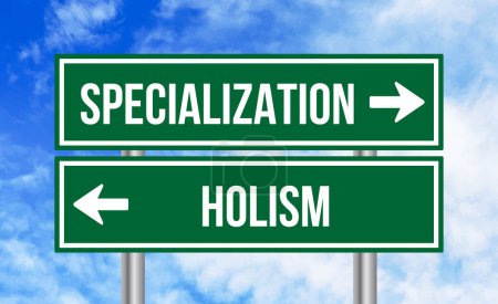 Photo for Specialization or holism road sign on sky background - Royalty Free Image