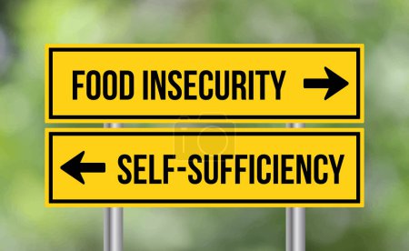 Food insecurity or self sufficiency road sign on blur background