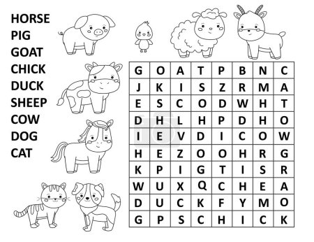 Photo for Word search game for children. Crossword with farm animals. Educational puzzle. Printable worksheet. Coloring page for kids. Find words in a table. Vector illustration. - Royalty Free Image