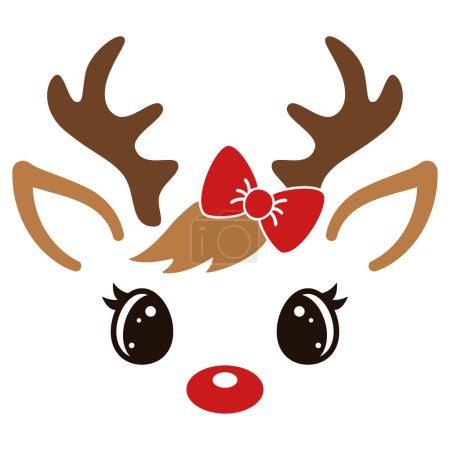 Photo for Reindeer girl face with bow. Deer head with red nose. Cute cartoon animal. Flat style design. Holiday print. Vector illustration. - Royalty Free Image