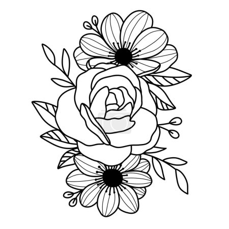 Photo for Hand drawn outline flowers. Line art roses, anemones, branches and leaves. Floral coloring page. Doodle flowers on white background. Vector sketch illustration. - Royalty Free Image