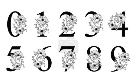 Illustration for Floral numbers collection. Hand drawn roses, anemones and branches. Numeric monogram. Perfect for wedding invitations, birthday cards and posters. Black and white vector illustration. - Royalty Free Image