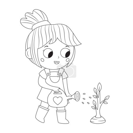 Foto de Cute girl watering tree. Earth day coloring page for children. A kid planting a tree. Kawaii cartoon character. Save the planet. Zero waste. Coloring book. Black and white vector illustration. - Imagen libre de derechos