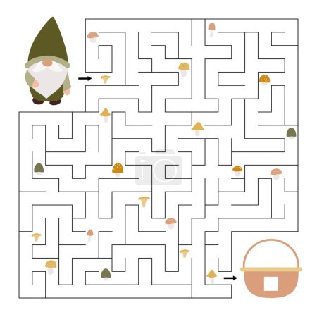 Foto de Maze game for kids. Help the gnome find the right way to his basket. How many mushrooms he found. Learn counting. Vector cartoon character. Educational worksheet. Vector illustration. - Imagen libre de derechos