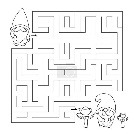 Illustration for Maze game with cute gnomes. Help the gnome find right way to his friend. Tea time. Educational puzzle for children. Activity page. Coloring page with labyrinth. Vector illustration. - Royalty Free Image