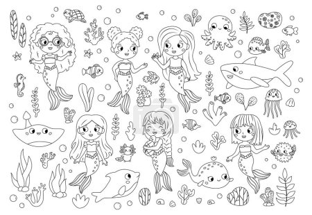 Photo for Coloring page with mermaids, sea and ocean animals, underwater plants. Fairy tale characters. Coloring book for kids. Black and white vector illustration. - Royalty Free Image