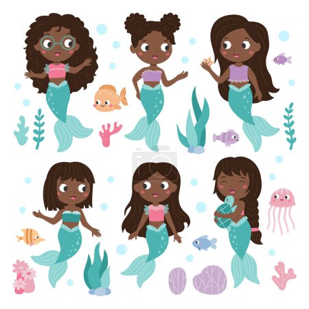 Photo for Set of mermaid princess. Mermaid African characters. Sea and ocean animals. Cute fish. Hand drawn seaweeds and corals. Vector illustration. - Royalty Free Image