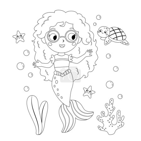 Foto de Cute mermaid with glasses. Kawaii cartoon turtle and starfish. Little mermaid princess. Vector outline illustration for coloring book. - Imagen libre de derechos