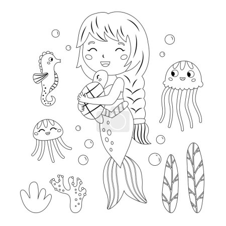 Coloring page. The little mermaid hugs the turtle. Cute jellyfish and seahorse. Fairy tale coloring book. Black and white vector illustration.