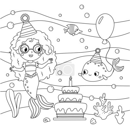 Téléchargez les illustrations : Birthday coloring page with mermaid and fish. Underwater. Cute cartoon characters. Fairy tale. Black and white vector illustration. - en licence libre de droit