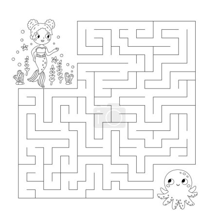 Photo for Coloring page. Maze game. Cute cartoon mermaid find way to her friend octopus. Sea theme. Fairy tale. Coloring book. Printable labyrinth. Vector illustration. - Royalty Free Image