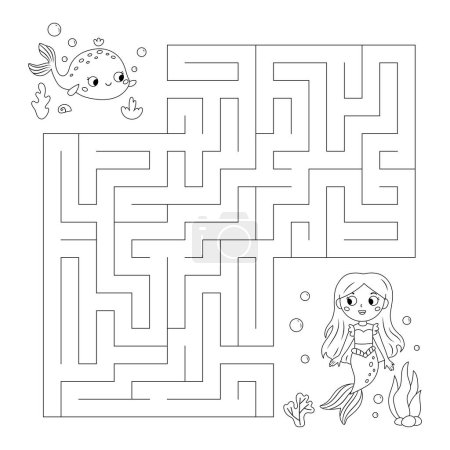 Photo for Coloring page with labyrinth. Maze game. Help the whale find the way to mermaid. Fairy tale. Educational puzzle for kids. Underwater theme. Coloring book. Vector illustration. - Royalty Free Image