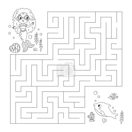 Photo for Coloring page with labyrinth. Maze game. Help the mermaid find the way to her friend dolphin. Fairy tale. Educational puzzle. Underwater theme. Coloring book. Vector illustration. - Royalty Free Image
