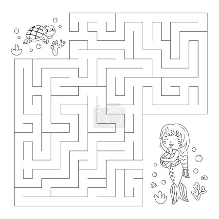 Photo for Coloring page with maze. Labyrinth game. Help the turtle find the way to mermaid. Fairy tale. Educational puzzle for children. Underwater theme. Coloring book. Vector illustration. - Royalty Free Image