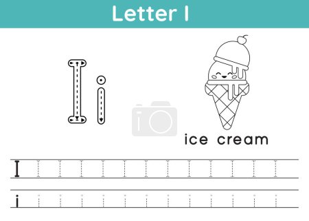 Photo for Alphabet ABC, a-z exercise. Coloring page. Trace letter I. Vocabulary for coloring book. Cute kawaii ice cream with funny face. Printable activity worksheet. Educational game. Vector illustration - Royalty Free Image