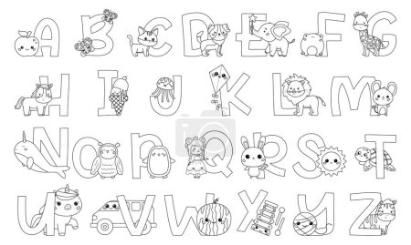 Photo for Coloring page with English alphabet letters. Cute animals, birds, food and objects. Funny ABC for kids. Children education. Kawaii cartoon characters. Coloring book. Vector illustration. - Royalty Free Image