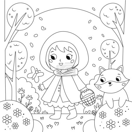Photo for Coloring page with Red Riding Hood with basket. Cute cartoon wolf. Forest background. Classical fairy tale. Coloring book for children. Black and white vector illustration. - Royalty Free Image