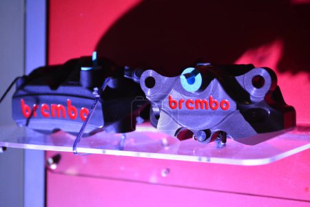 Photo for PASAY, PH - MAR 25 - Brembo brake display at Inside racing bike festival on March 25, 2023 in Pasay, Philippines. Inside Racing is a motorcycle show event in Philippines. - Royalty Free Image