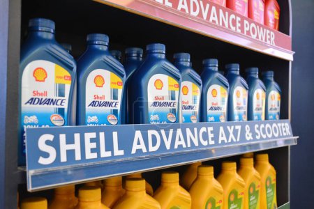 Photo for PASIG, PH - MAY 20 - Shell advance motorcycle oil products at Ride Ph on May 20, 2023 in Pasig, Philippines. Ride Ph is a motorcycle show event in Philippines. - Royalty Free Image