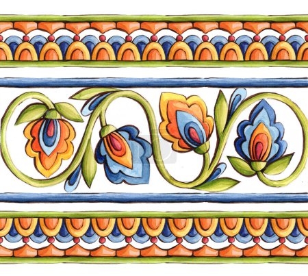 Foto de Mayólica italiana, ilustración de acuarela Mayólica italiana decoración en baldosas cerámicas - Imagen libre de derechos