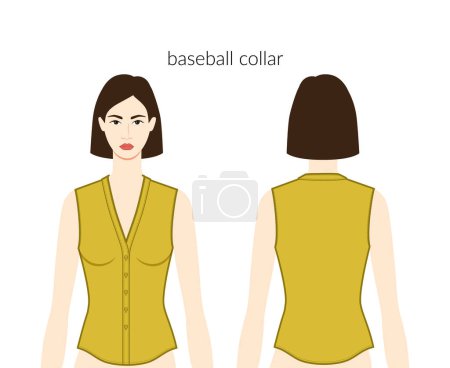 Illustration for Baseball collar neckline plackets clothes character beautiful lady in top, shirt, dress technical fashion illustration, fitted. Flat apparel template front, back sides. Women, men unisex CAD mockup - Royalty Free Image