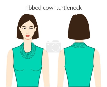 Illustration for Ribbed cowl turtlenecks neckline clothes character beautiful lady in top, shirt, dress technical fashion illustration with fitted body. Flat apparel template front, back sides. Women men unisex mockup - Royalty Free Image