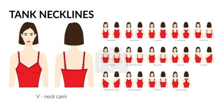 Illustration for Set of necklines tank clothes - tops, cami, one shoulder, scoop, racerback, V-neck, cowl, strap technical fashion illustration with fitted body. Flat apparel template. Women, men unisex CAD mockup - Royalty Free Image