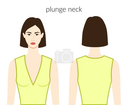 Illustration for Plunge neckline clothes character beautiful lady in yellow top, shirt, dress technical fashion illustration with fitted body. Flat apparel template front, back sides. Women, men unisex CAD mockup - Royalty Free Image