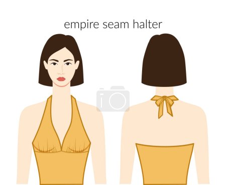 Illustration for Empire seam halter neckline clothes character beautiful lady in ochre top, shirt, dress technical fashion illustration fitted body. Flat apparel template front, back sides. Women men unisex CAD mockup - Royalty Free Image