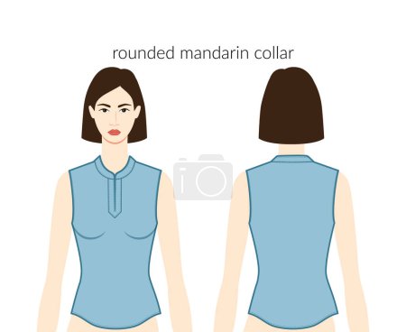 Illustration for Rounded mandarin collar neckline clothes character beautiful lady in blue top, shirt, dress technical fashion illustration with fitted body. Flat apparel template front, back sides. Women, men unisex - Royalty Free Image