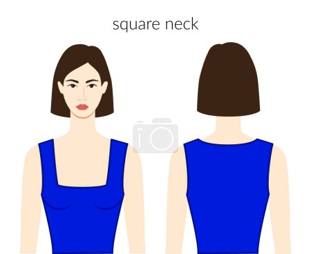 Illustration for Square neckline clothes character beautiful lady in blue top, shirt, dress technical fashion illustration with fitted body. Flat apparel template front, back sides. Women, men unisex CAD mockup - Royalty Free Image