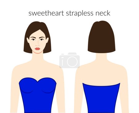 Illustration for Sweetheart neckline strapless clothes character beautiful lady in blue top, shirt, dress technical fashion illustration fitted. Flat apparel template front, back sides. Women, men unisex CAD mockup - Royalty Free Image