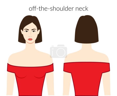 Illustration for Off the shoulder neckline clothes character beautiful lady in red top, shirt, dress technical fashion illustration fitted body. Flat apparel template front, back sides. Women, men unisex CAD mockup - Royalty Free Image