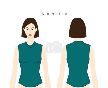 Illustration for Banded neckline collar clothes character beautiful lady in emerald top, shirt, dress technical fashion illustration, fitted body. Flat apparel template front, back sides. Women, men unisex CAD mockup - Royalty Free Image