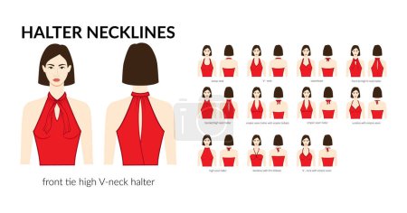 Illustration for Set of necklines halter clothes - tops, blouses, shirts sweetheart, front tie, scoop, empire, V-neck technical fashion illustration with fitted body. Flat apparel template. Women men unisex CAD mockup - Royalty Free Image