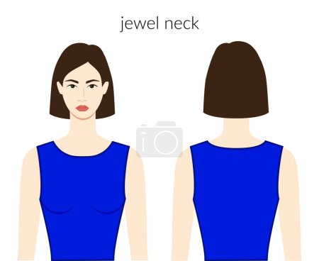 Illustration for Jewel neckline clothes character beautiful lady in blue top, shirt, dress technical fashion illustration with fitted body. Flat apparel template front, back sides. Women, men unisex CAD mockup - Royalty Free Image