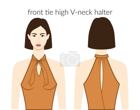 Illustration for Front tie high V - neckline halter clothes character beautiful lady in ochre top, shirt, dress technical fashion illustration with fitted body. Flat apparel template front, back sides. Women, men CAD - Royalty Free Image