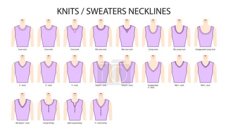 Illustration for Set of necklines knits and sweaters clothes - collars, tops, blouses, dresses crew, scoop neck technical fashion illustration with fitted body. Flat apparel template. Women, men unisex CAD mockup - Royalty Free Image