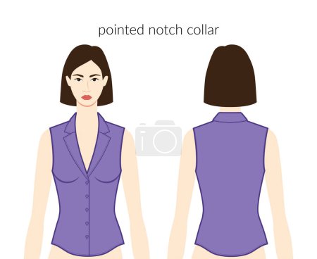 Illustration for Pointed notch collar neckline clothes character beautiful lady in purple top, shirt technical fashion illustration, fitted body. Flat apparel template front, back sides. Women, men unisex CAD mockup - Royalty Free Image