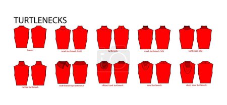 Illustration for Set of necklines turtlenecks clothes sweaters, tops ribbed, knit, funnel neck technical fashion illustration with fitted body. Flat apparel template front, back sides. Women, men unisex CAD mockup - Royalty Free Image