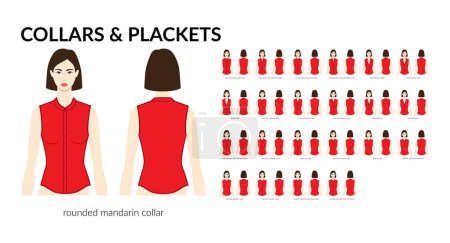 Illustration for Set of necklines of collars and plackets, stand, mandarin, baseball necks clothes tops, shirts, blouses technical fashion illustration. Flat apparel template front side. Women, men unisex CAD mockup - Royalty Free Image