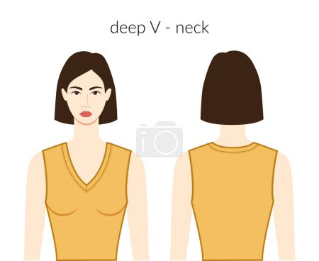 Illustration for Deep V - neckline knits, sweaters clothes character beautiful lady in ochre top, shirt, dress technical fashion illustration. Flat apparel template front, back sides. Women, men unisex CAD mockup - Royalty Free Image