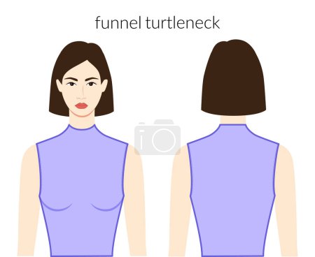 Illustration for Funnel turtlenecks neckline clothes knits, sweaters character in lavander top, shirt, dress technical fashion illustration fitted. Flat apparel template front, back sides. Women, men unisex CAD mockup - Royalty Free Image