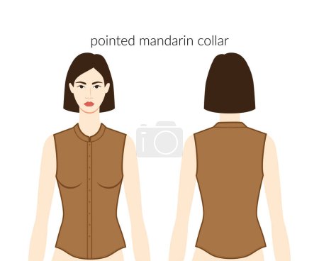 Illustration for Pointed mandarin neckline collars, plackets clothes character beautiful lady in terracota top, shirt, dress technical fashion illustration. Flat apparel template front, back sides. Women, men unisex - Royalty Free Image