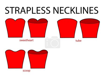 Illustration for Set of necklines strapless clothes - sweetheart, scoop, tube top, dress, shirt technical fashion illustration with fitted body. Flat apparel template front, back sides. Women, men unisex CAD mockup - Royalty Free Image