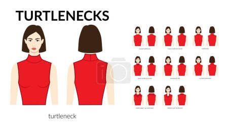 Illustration for Set of necklines turtlenecks clothes sweaters, tops ribbed, knit, funnel neck technical fashion illustration with fitted body. Flat apparel template front sides. Women, men unisex CAD mockup - Royalty Free Image
