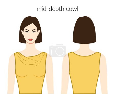 Illustration for Mid - depth neckline clothes character beautiful lady in yellow top, shirt, dress technical fashion illustration with fitted body. Flat apparel template front, back sides. Women, men unisex CAD mockup - Royalty Free Image