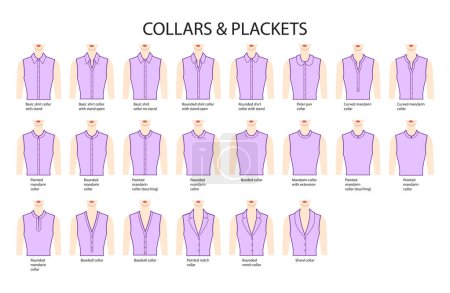 Illustration for Set of necklines of collars and plackets, stand, mandarin, baseball necks clothes tops, shirts, blouses technical fashion illustration. Flat apparel template front side. Women, men unisex CAD mockup - Royalty Free Image